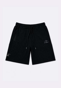 Shorts en maille texturée noire avec poches latérales, taille à cordon et petits logos blancs PXP sur la jambe gauche et la zone de la poche avant.