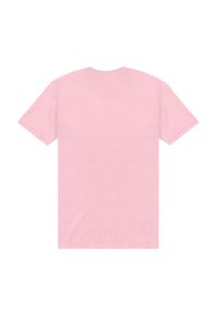 Camiseta de cuello redondo en rosa claro, hecha de algodón. Mangas cortas, dobladillo recto y una textura suave. Sin gráficos ni elementos de diseño visibles.