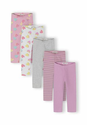 Pet parova presavijenih dječjih tajica u roza, bijeloj s srcima, jednobojno sivoj, ružičastoj s ljubičastim prugama i jednobojnoj lavandi.