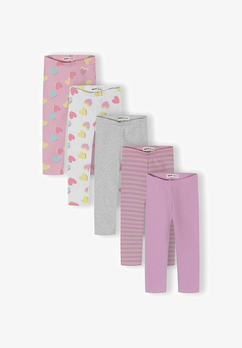 Cinq paires de leggings pour enfants pliés, en rose, blanc avec des cœurs, gris uni, rayures roses et violettes, et lavande uni.