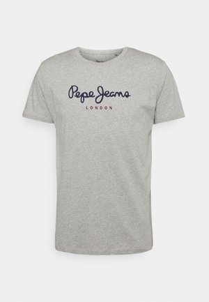 Gray cotton t-shirt with short sleeves, round neckline, featuring "Pepe Jeans LONDON" printed in navy and red script on the front.