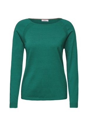 Pull vert à manches longues avec un col rond, fabriqué en tissu tricot doux. Dispose de manches raglan et d'une silhouette ajustée.