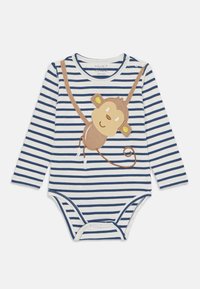 Gestreiftes Langarm-Bodysuit in Marineblau und Weiß, mit einer braunen Affenapplikation, die detaillierte Gesichtszüge aufweist, und passenden Druckknöpfen.
