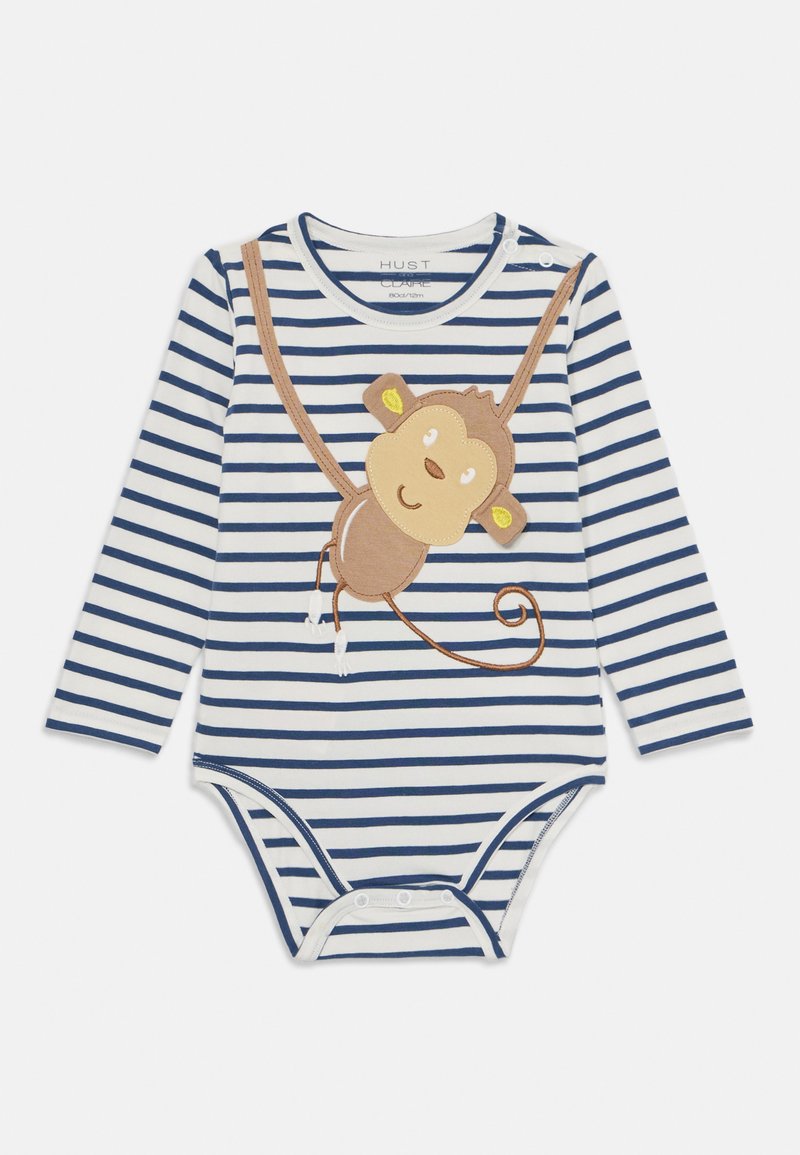 Gestreiftes Langarm-Bodysuit in Marineblau und Weiß, mit einer braunen Affenapplikation, die detaillierte Gesichtszüge aufweist, und passenden Druckknöpfen.