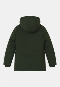 Dunkelgrüne Kapuzenjacke mit einer glatten, matten Oberfläche, die lange Ärmel und gerippte Bündchen hat. Schlichtes, nahtloses Design ohne Verzierungen.