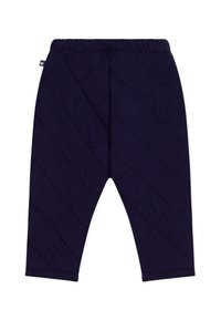 Marineblauwe gewatteerde broek met een ruitpatroon, elastische tailleband en taps toelopende pijpen, met een klein merklabel aan de zijkant.