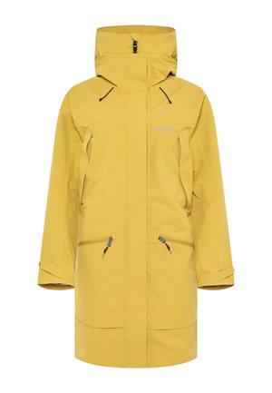 Gul vandtæt jakke med høj krave og justerbar hætte. Har to lynlåslommer foran og elastiske manchetter for en sikker pasform.