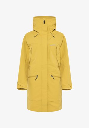 Gele waterdichte jas met een hoge kraag en verstelbare capuchon. Voorzien van twee voorzakken met rits en elastische manchetten voor een stevige pasvorm.