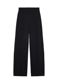 Schwarze weite Hosen aus einem glatten Stoff. Mit hohem Taillenbund, zwei frontalen Taschen und vorderen Faltungen für zusätzliche Details.