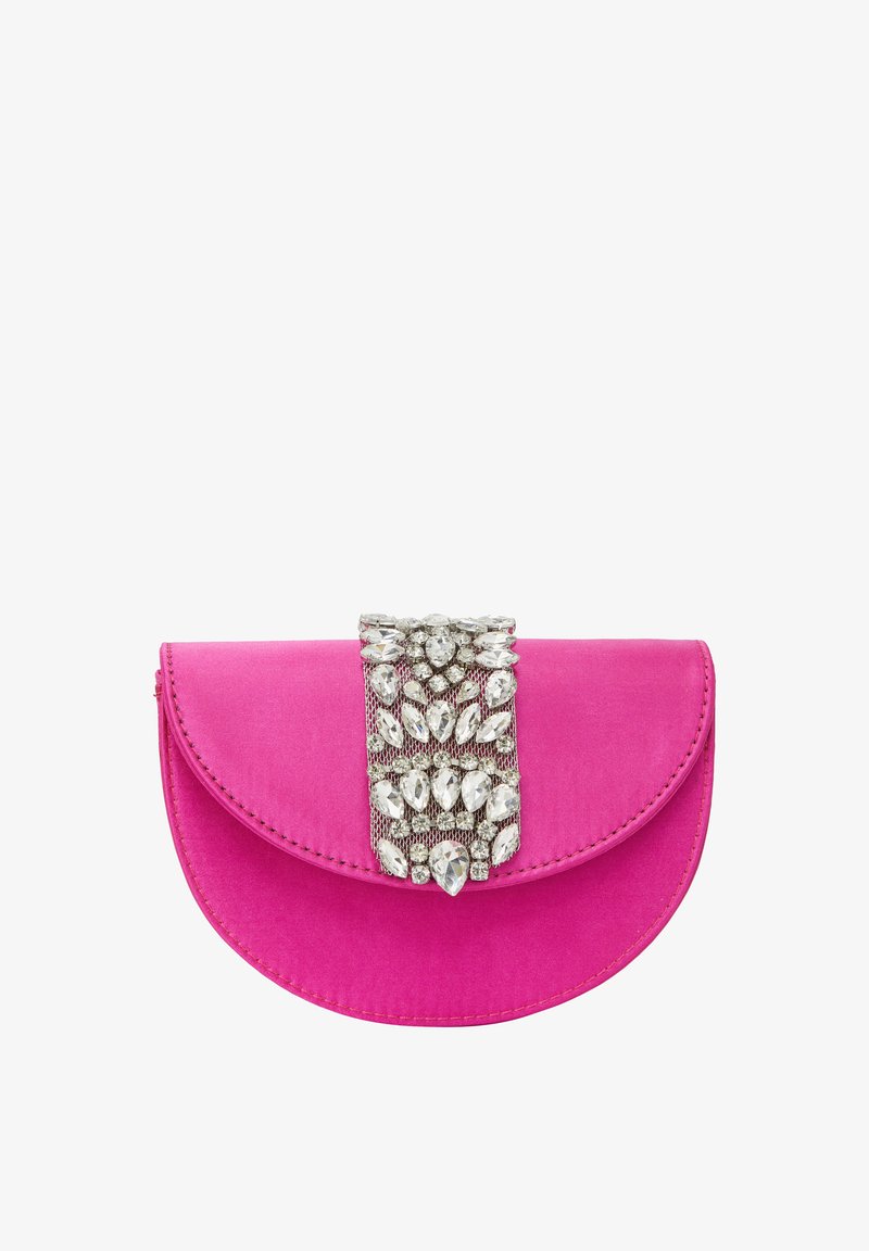 Pink satin clutch with a curved flap design, featuring a rhinestone-embellished silver mesh band on the front for decorative contrast.