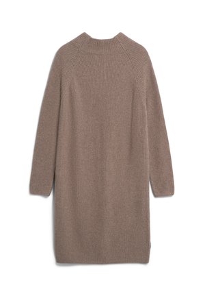Strickkleid in hellbraun mit geripptem Textur, langen Ärmeln und rundem Ausschnitt. Gerader Saum ohne sichtbare Verschlüsse.