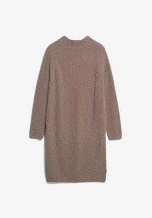 Strickkleid in hellbraun mit geripptem Textur, langen Ärmeln und rundem Ausschnitt. Gerader Saum ohne sichtbare Verschlüsse.