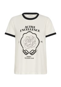T-shirt en coton blanc avec col et manches noires. L'avant présente un graphique d'une rose avec le texte "EXCELLENCE ACTIVE".