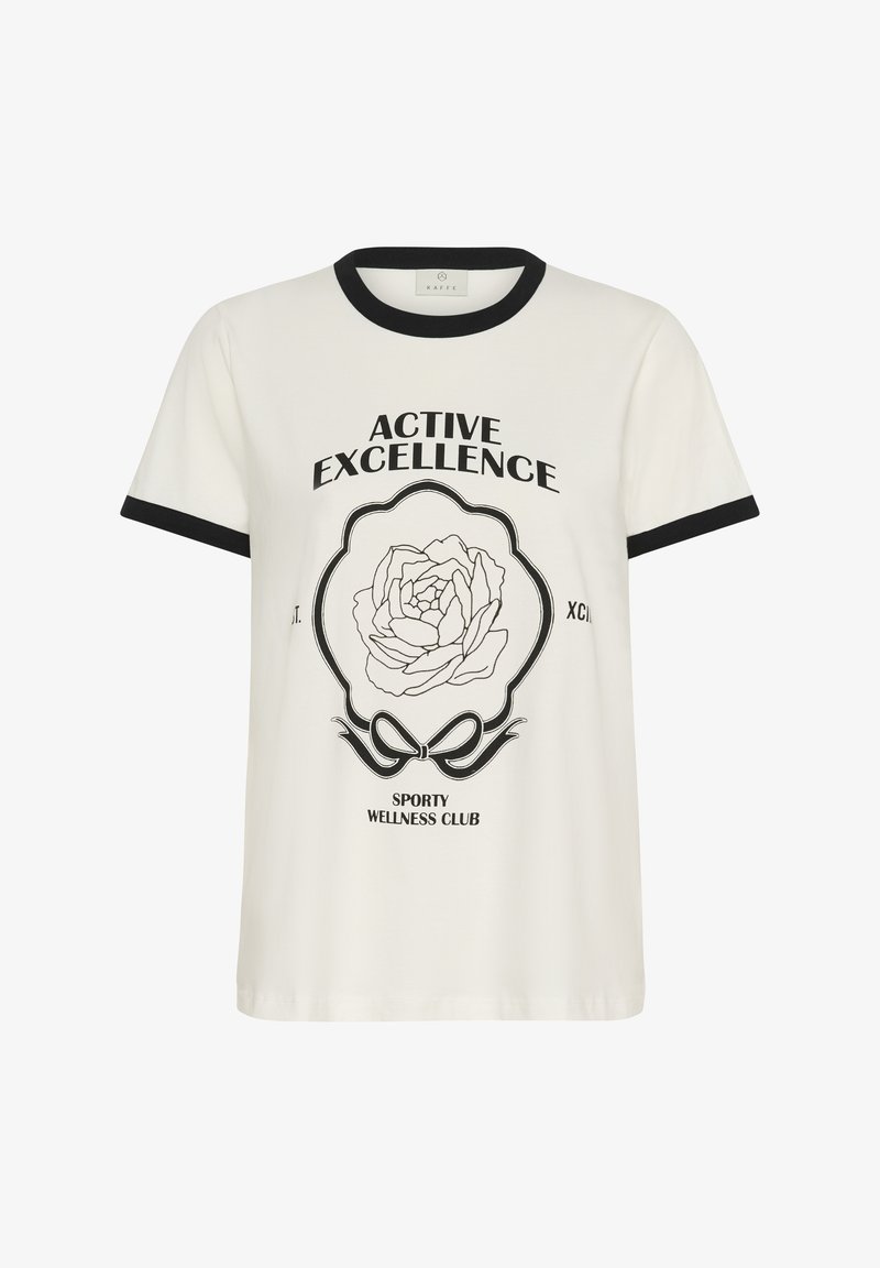 T-shirt en coton blanc avec col et manches noires. L'avant présente un graphique d'une rose avec le texte "EXCELLENCE ACTIVE".