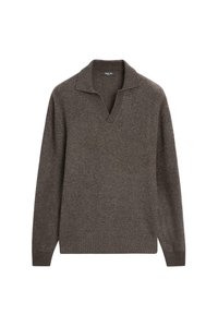 Pull en tricot de couleur marron foncé, avec une surface texturée, un décolleté en V profond et des manches longues. Finitions avec des bords côtes aux poignets et à l'ourlet.