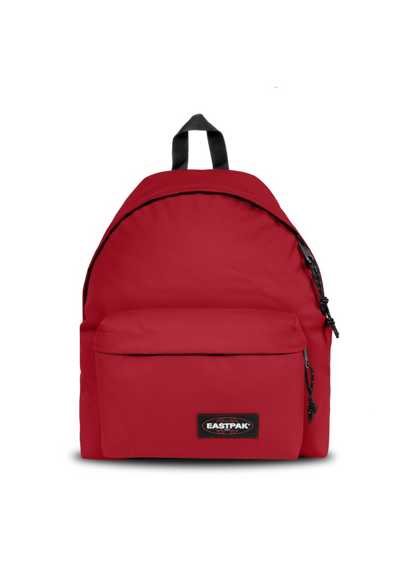 Sac à dos rouge en tissu durable, de forme arrondie, avec une poche zippée à l'avant et des bretelles noires ajustables. Logo Eastpak à l'avant.