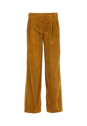 Corduroy wide-leg trousers in mustard yellow, featuring front pleats, a zip fly with button closure, and belt loops. Textured finish visible.
