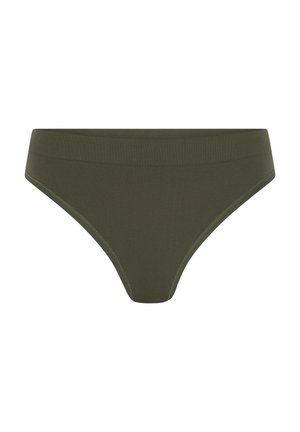 Olivgrüne nahtlose Unterwäsche mit einem breiten Bund und einem hoch geschnittenen Design, auf einem weißen Hintergrund präsentiert.