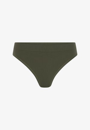 Olijfgroene naadloze onderkleding met een brede tailleband en een hoge uitsnede, getoond op een witte achtergrond.