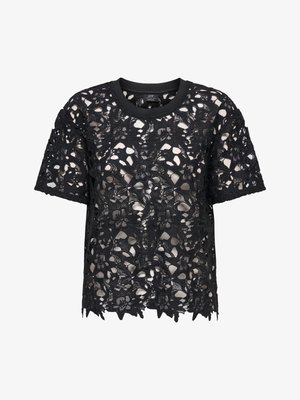 Haut noir à manches courtes en dentelle florale avec encolure ronde et ourlet festonné, semi-transparent avec des motifs floraux sophistiqués.