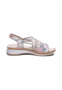Silver sandal with multicolor perforated floral pattern, elastic side straps, cushioned footbed, and textured white wedge sole.