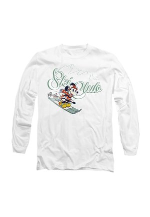 White long-sleeve shirt featuring a cartoon character skiing, with "Ski Club" text in green and mountains illustrated in the background.