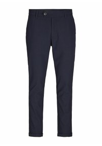 Marineblaue Hosen aus einem glatten Stoff, mit einem Knopfverschluss, vorderen Falten und umgeschlagenen Säumen an den Knöcheln.