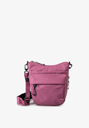 Pink crossbody bag with adjustable strap, front zip pocket, and embossed logo on smooth fabric surface.