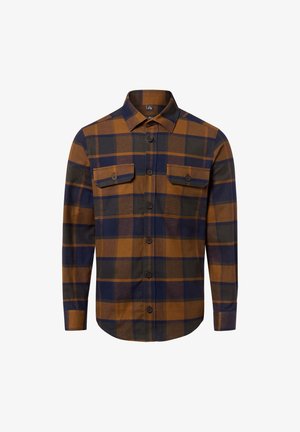 Gekleed hemd in bruin, marineblauw en olijfgroen. Gemaakt van stof met een zachte textuur, heeft een knoopsluiting aan de voorkant en twee borstzakken.