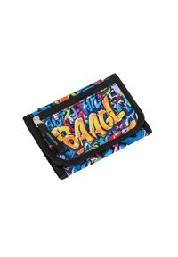Portafoglio colorato con stampa in stile graffiti che presenta la scritta "BAAHL" in giallo, realizzato in tessuto con cerniera nera e rifiniture scure. Forma compatta e rettangolare.