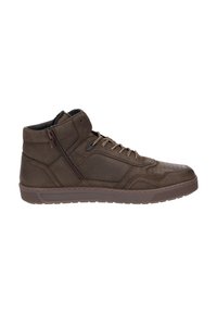 Braune High-Top-Schuhe aus Leder mit strukturiertem Finish, ausgestattet mit einer Schnürung vorne, einem seitlichen Reißverschluss und einer Gummisohle mit detaillierter Naht.