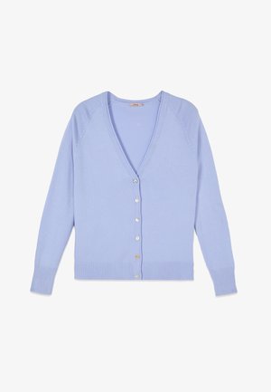 Cardigan bleu deschis cu decolteu în V, cu mâneci lungi, manșete și tiv drepte, și șase nasturi în față.