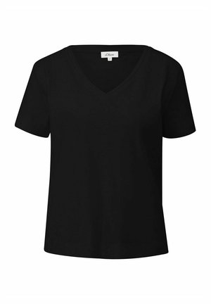 V-AUSSCHNITT KURZARM FLAMMGARN  - T-Shirt basic - schwarz