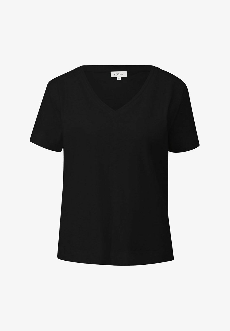 T-shirt nera in cotone con scollatura a V, maniche corte e vestibilità rilassata. Design semplice senza motivi o dettagli visibili.