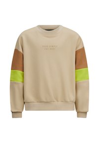 Felpa beige con collo rotondo, caratterizzata da righe marroni e verde neon sulle maniche e testo in rilievo che recita "SEI DAVVERO IL MIGLIORE."