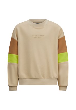 Felpa beige con collo rotondo, caratterizzata da righe marroni e verde neon sulle maniche e testo in rilievo che recita "SEI DAVVERO IL MIGLIORE."