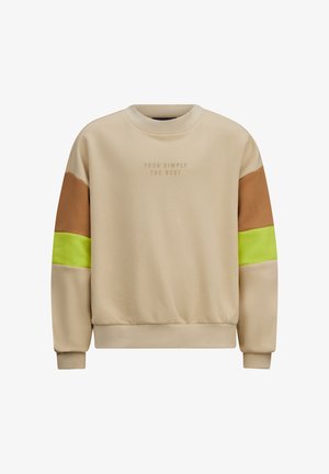 Beige sweatshirt met bruin en neon groene accenten, ronde hals, geribde manchet en reliëf tekst die "JIJ BENT SIMPELWEG DE BESTE" leest.