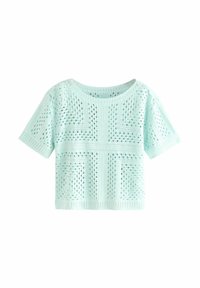 Kergelt teal värvi kootud lühikeste varrukatega crop top, millel on teemantvõrgumuster ja ümar kaelus. Tekstuuriga ja hingav materjal.