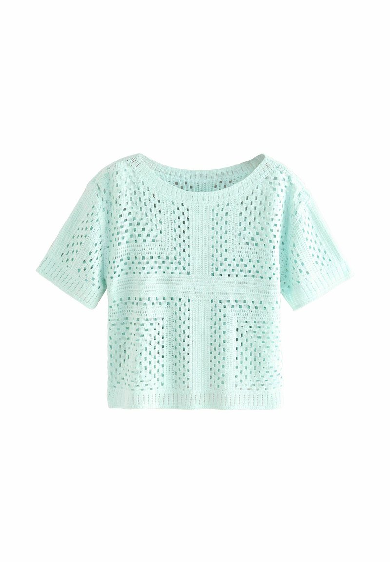 Kergelt teal värvi kootud lühikeste varrukatega crop top, millel on teemantvõrgumuster ja ümar kaelus. Tekstuuriga ja hingav materjal.
