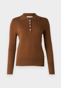 Maglione polo lavorato a maglia, marrone, a maniche lunghe, con colletto e patta con quattro bottoni. Tessuto morbido, design aderente e orlo a coste.