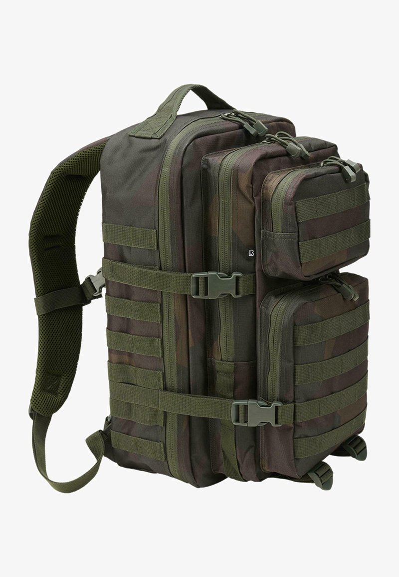 Katonai stílusú hátizsák zöld álcázással. Számos rekesszel, strapabíró cipzárakkal, hevederes pántokkal és hálós párnázással rendelkezik a vállpánton.