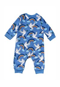 Un body de algodón azul con un diseño de palomas blancas, arcoíris y nubes. Mangas largas con puños azules y un escote redondo.