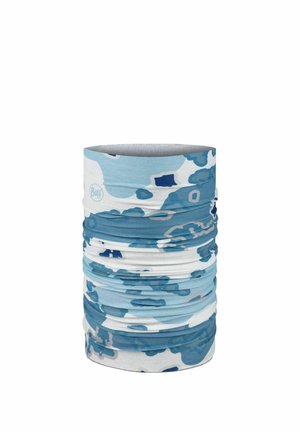 Blue and white patterned multifunctional tubular neck gaiter made of stretch fabric with Buff brand logo.