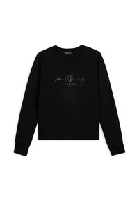 Sudadera negra hecha de un tejido suave, con cuello redondo y mangas largas. El texto en la parte frontal dice "algo ASOMBROSO" en color plateado.