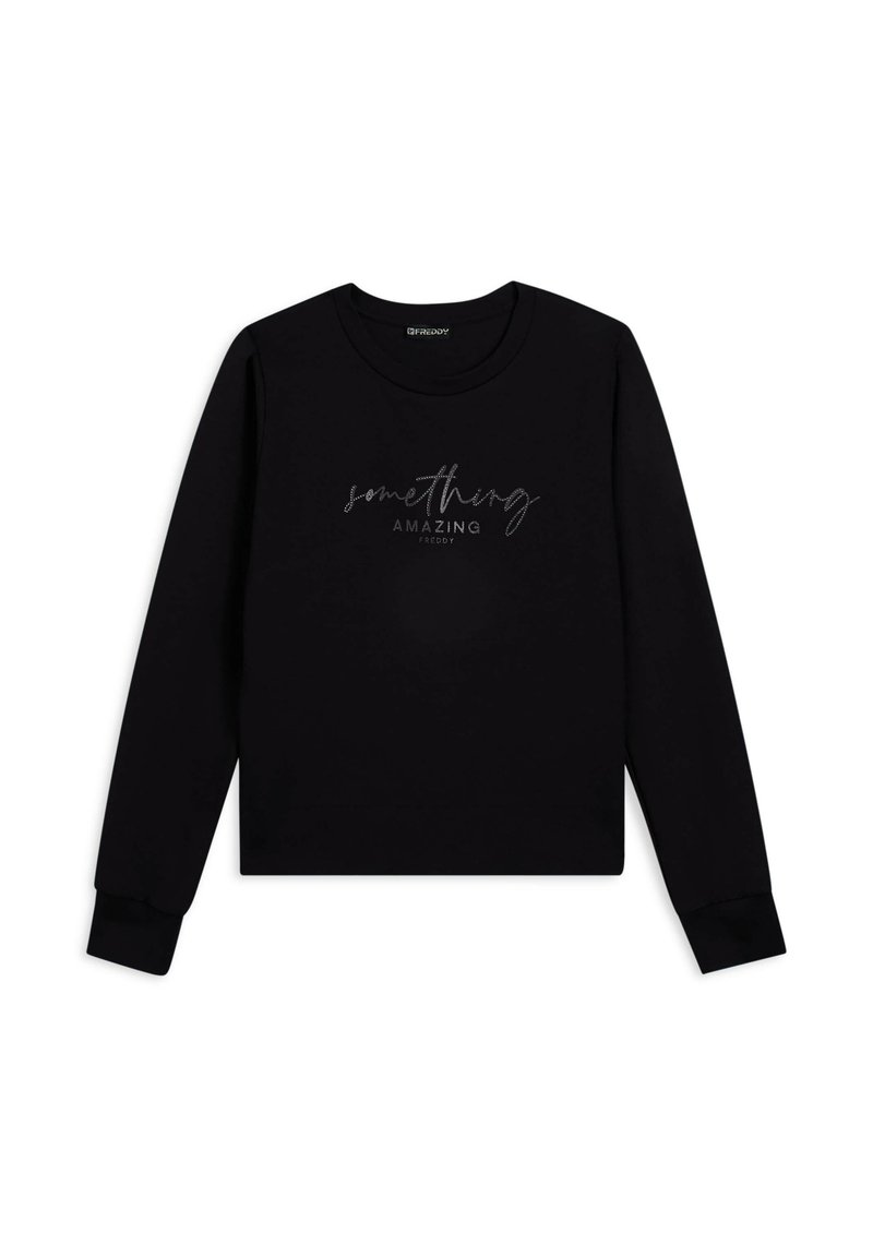 Sudadera negra hecha de un tejido suave, con cuello redondo y mangas largas. El texto en la parte frontal dice "algo ASOMBROSO" en color plateado.