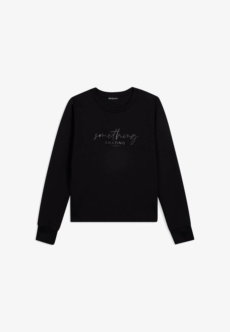 Sudadera negra hecha de un tejido suave, con cuello redondo y mangas largas. El texto en la parte frontal dice "algo ASOMBROSO" en color plateado.