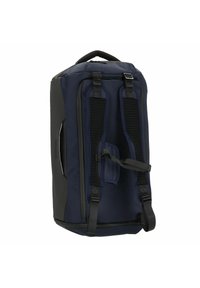 Zaino rettangolare blu navy e nero con spallacci in rete imbottita, fibbie regolabili e una maniglia superiore per il trasporto.