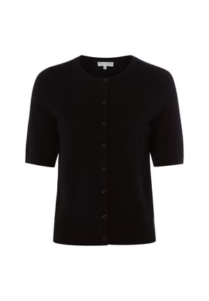 Schwarzer kurzärmeliger Knopf-Cardigan mit rundem Ausschnitt, geripptem Saum und Bündchen, auf weißem Hintergrund gezeigt.