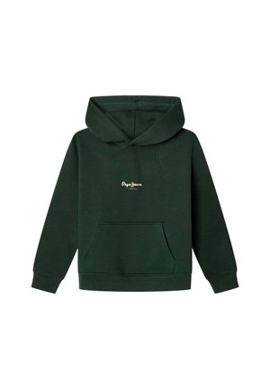Sweat à capuche vert foncé avec poche avant et petit logo clair « Pepe Jeans London » centré sur la poitrine.