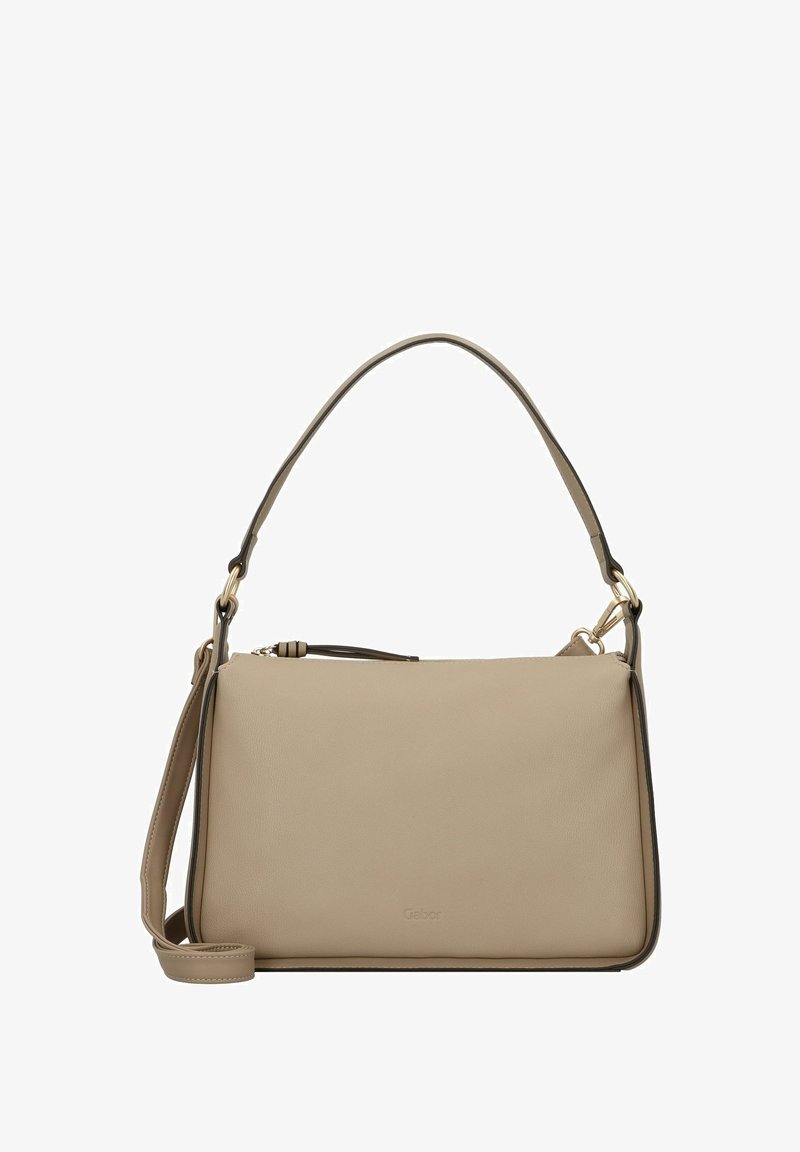 Borsa a spalla in pelle beige con texture liscia, dotata di manico corto e tracolla rimovibile, accentuata da dettagli scuri e hardware dorato.